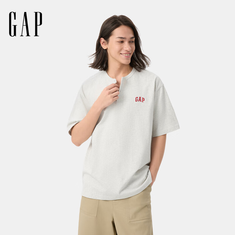 Gap男女装2025夏季新款纯棉刺绣logo亨利领短袖T恤宽松上衣729074 浅灰 L (175/96A) 亚洲尺码