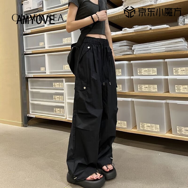 OLDER SEA夏季新款遮肉美式速干工装裤女装薄款宽松高腰直筒休闲运动裤 黑色 M 80-100