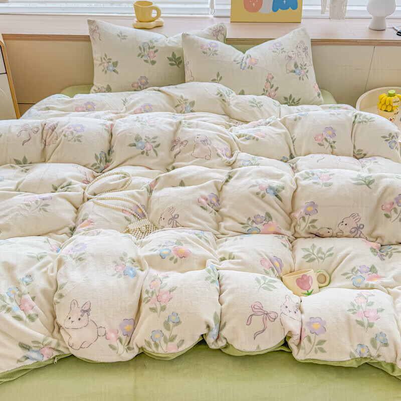 软贝小清新牛奶绒床上四件套保暖毛绒床单被套学生宿舍秋冬款三件套 绿意盎然 床单款 2.0m  被套200*230cm 四件套