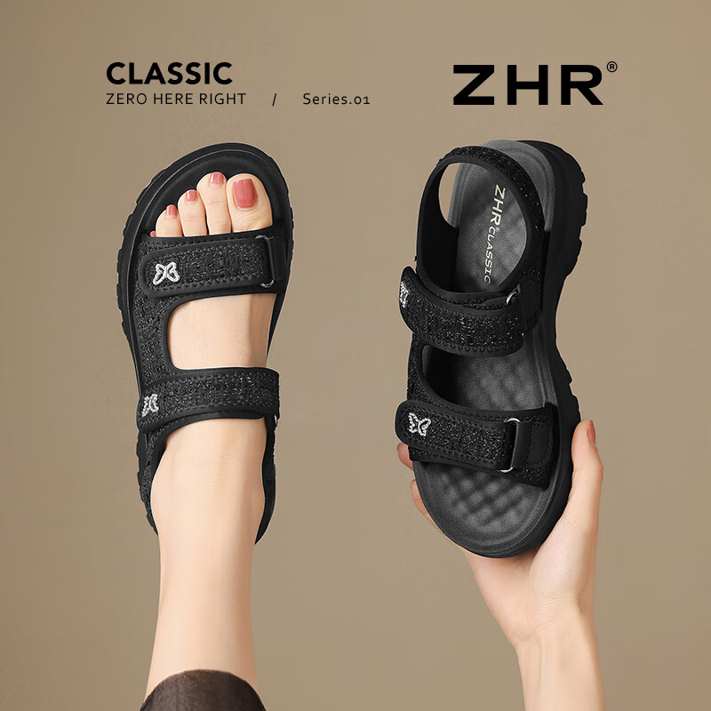 ZHR则则运动凉鞋女夏厚底小香风女鞋百搭气质魔术贴沙滩鞋 QE03 黑色 40