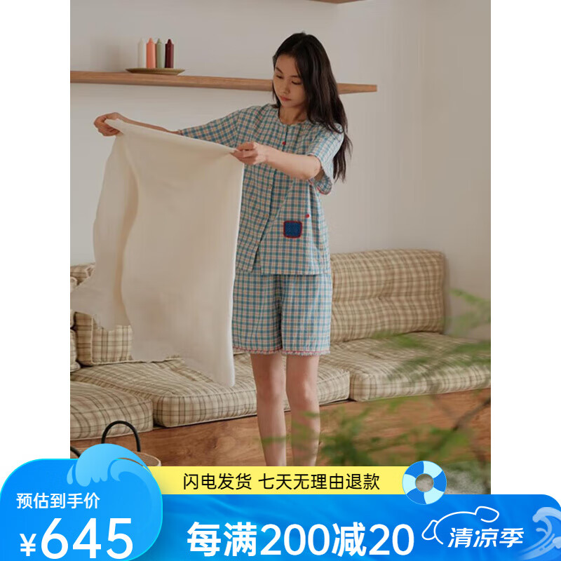 朵朵·可可睡衣女2025夏季新款棉麻圓領(lǐng)撞色格子短袖短褲家居服套裝 藍(lán)格 S(155) 均碼