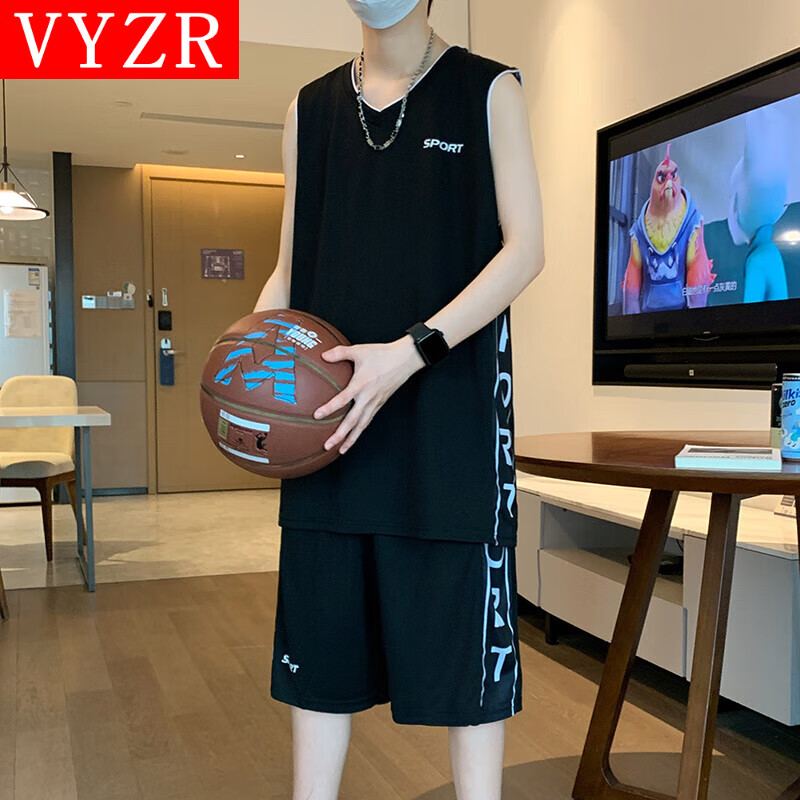 VYZR篮球服运动套装男夏季跑步新款冰丝无袖背心短裤羽毛球健身速干衣 黑色 M