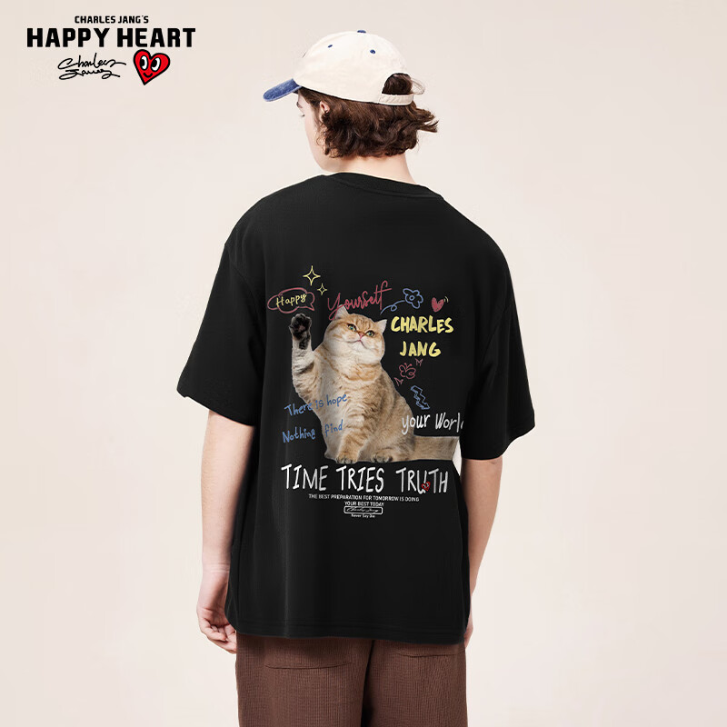 查尔斯桃心2025夏季新款贴贴猫潮牌凉感速干美式时尚宽松五分袖短袖T恤男女 黑色 M