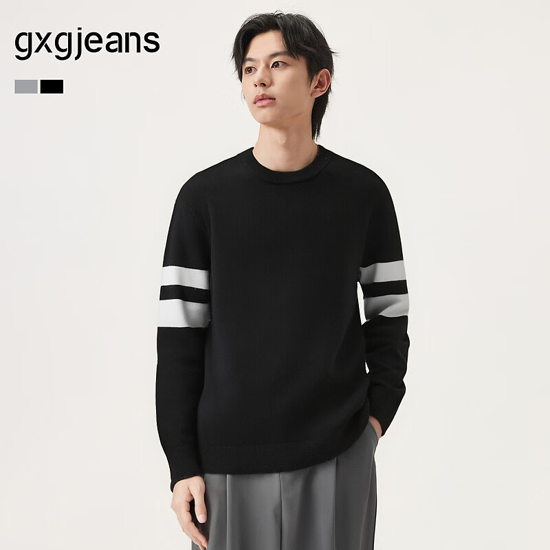 gxgjeans男装 双色撞色拼接时尚简约圆领毛衣线衫上衣 25冬新品 黑色 L (175)