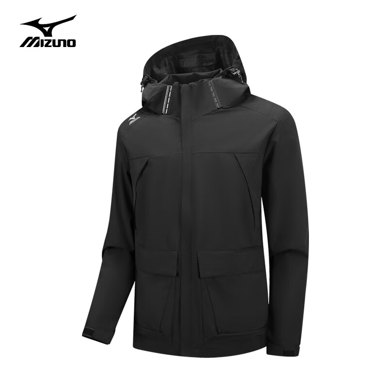 美津浓（MIZUNO）户外夹克男连帽茄克上衣防风防泼水运动百搭外套 黑色 XL