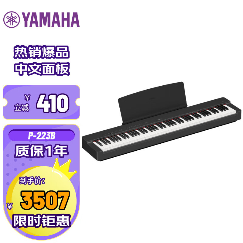 雅马哈（YAMAHA）P223B电钢琴重锤88键成人儿童初学便携式智能 P223B单机官配