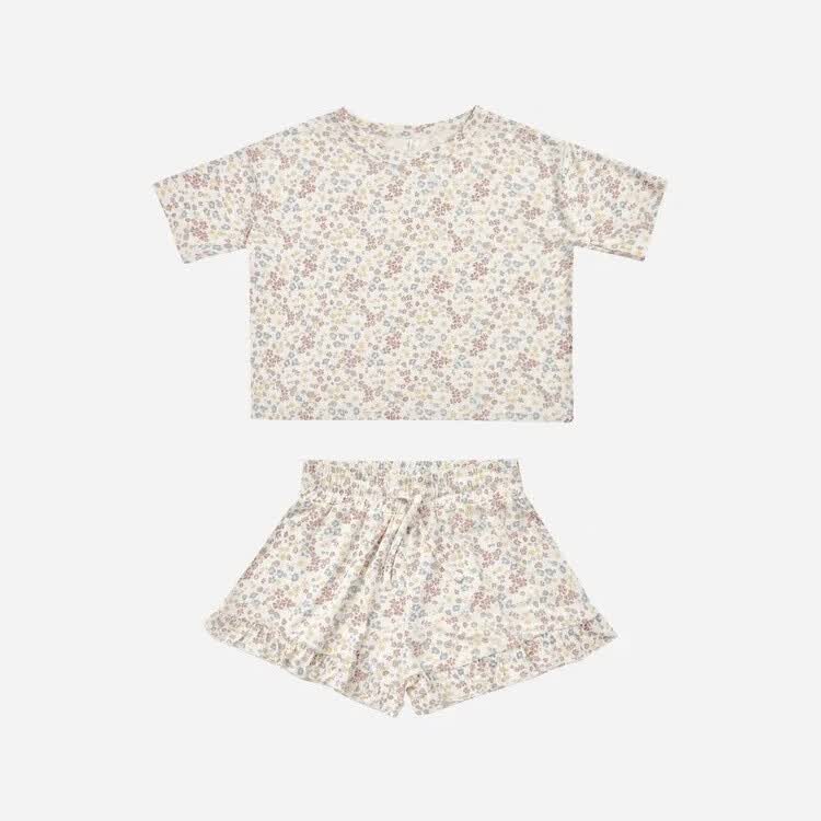 RYLEE+CRU女童碎花满印短袖T恤短裤套装夏季新款家居套装休闲睡衣套装 蓝紫碎花 100