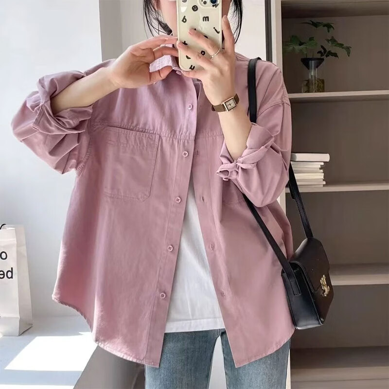 子牧棉麻2025秋装 女百搭长袖韩版小众设计感衬衣宽松百搭衬衫8013 蔷薇粉 L (建议115-125斤)