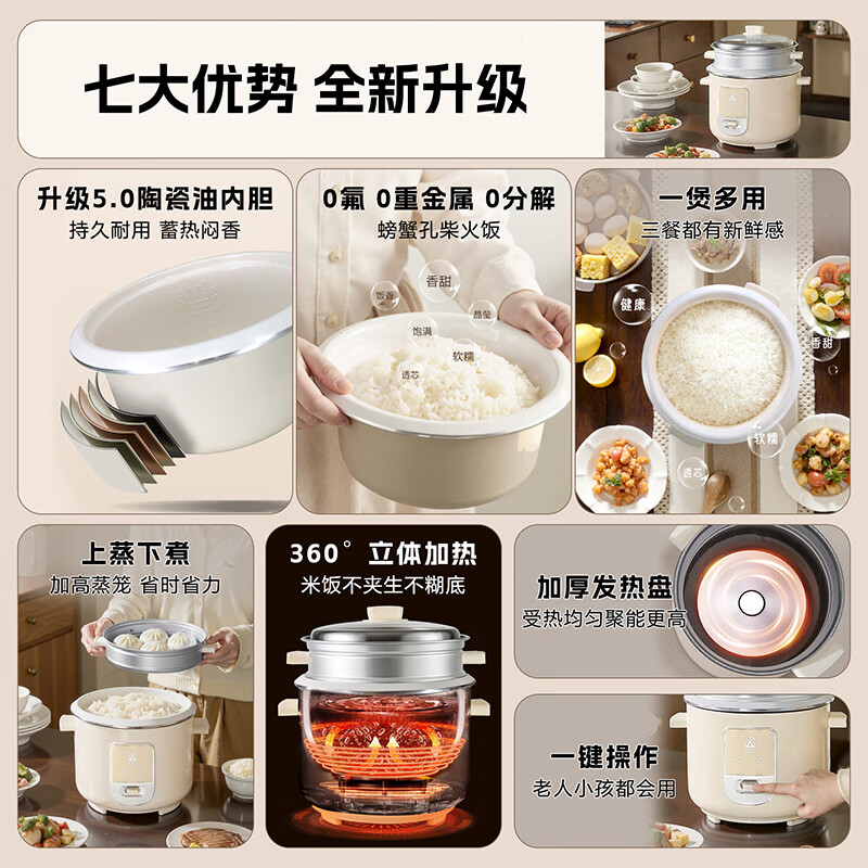 三角牌（Triangle）电饭煲家用老式电饭锅小微压蒸米饭锅电压力3-4人煮饭锅陶瓷油不粘内胆带蒸笼 3L （3-4人用）配3件套