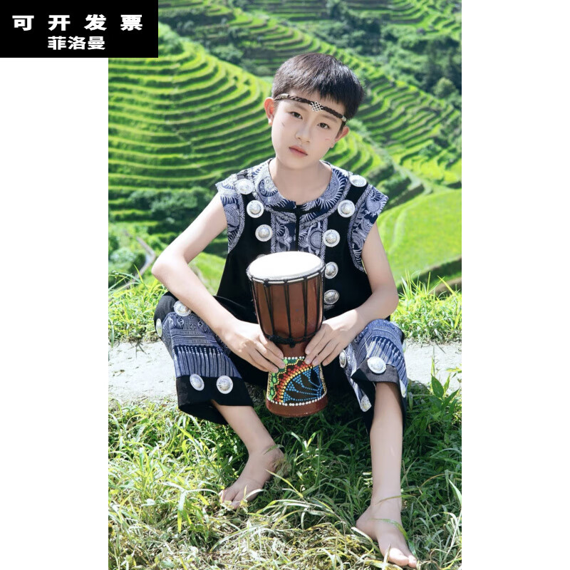 菲洛曼苗族兒童服裝六一兒童節(jié)三月三苗族服裝演出服土家族男童舞蹈少數(shù) 款式1上衣+褲子 100 均碼