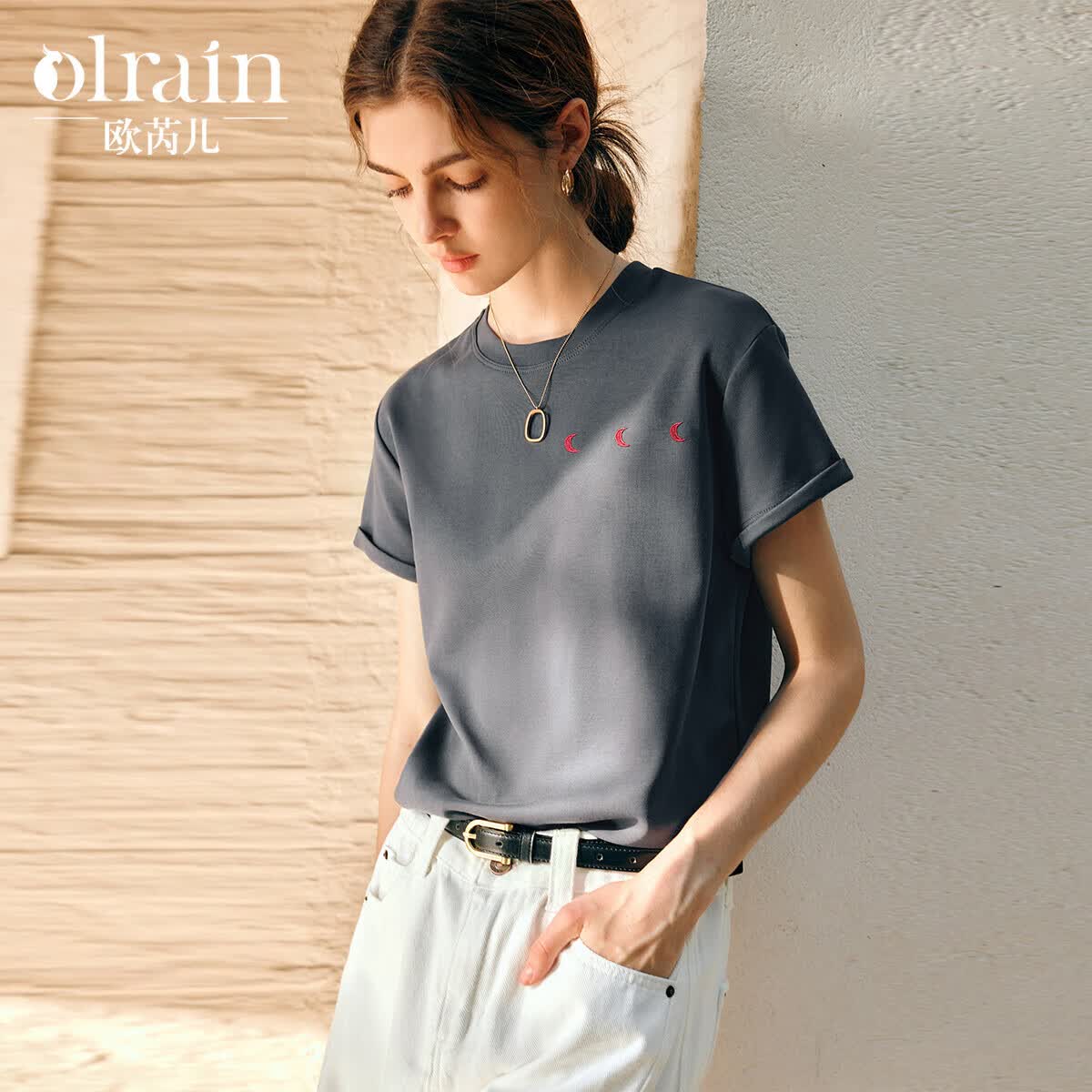 Olrain欧芮儿灰色短袖T恤女高级感通勤趣味刺绣上衣 灰色 M