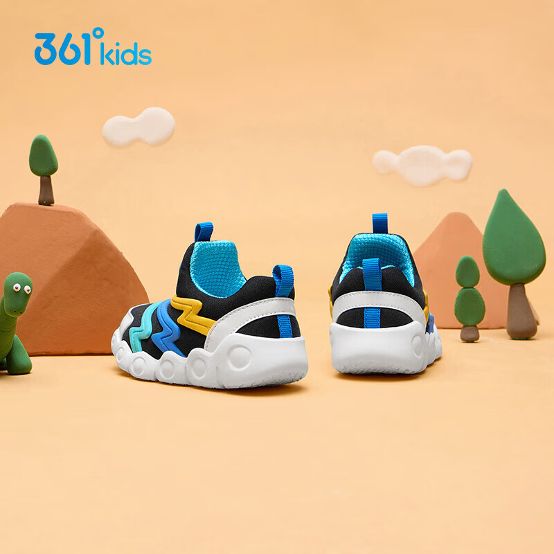361°毛毛虫童鞋宝宝学步鞋秋冬男童机能鞋儿童一脚蹬软底女童鞋子 碳黑/CR帆白/大地蓝色 26