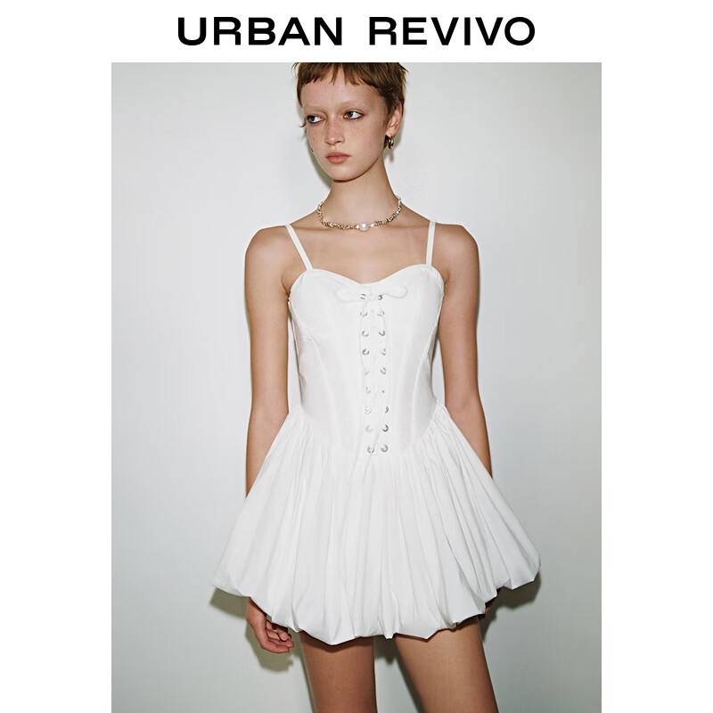 UR【明星同款】夏季新款女装蝴蝶结绑带吊带连衣裙UYV750044 本白 (裙长偏短) M