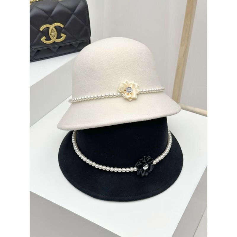 【优选直发】珍珠花朵毛呢渔夫帽子女秋冬法式复古显脸小盆帽优雅 珍珠花朵-黑色 M（56-58cm