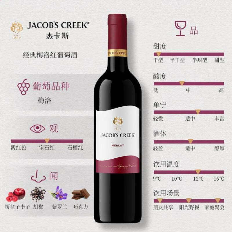 杰卡斯（Jacob's Creek）經(jīng)典梅洛 13度 750ml干紅葡萄酒 單瓶裝阿根廷進(jìn)口紅酒 750mL*1瓶