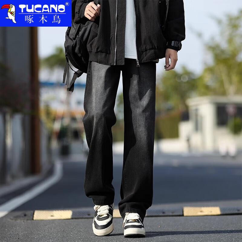 啄木鸟牛仔裤男2026春秋季潮流宽松直筒裤男青少年美式高街阔腿裤子男 黑灰色常规 XL 建议130-150斤
