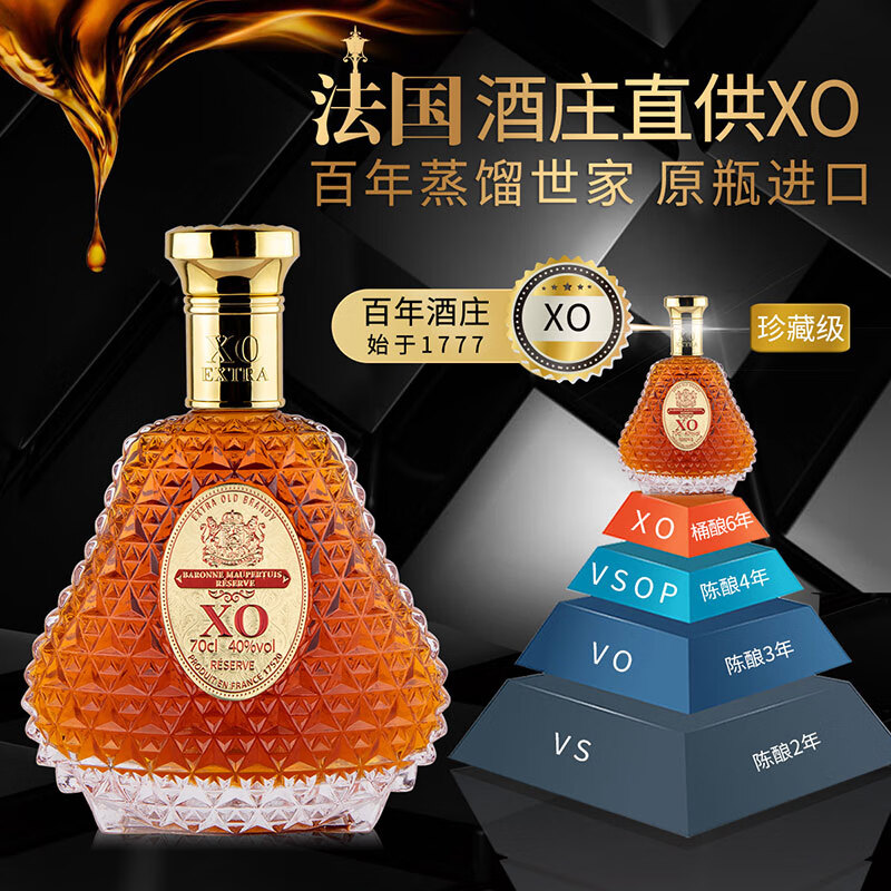 马贝蒂伯爵法国酒庄XO白兰地 700ml 40度 法国原瓶原装进口 洋酒 节日送礼 马贝蒂伯爵珍藏白兰地XO 700mL 1盒