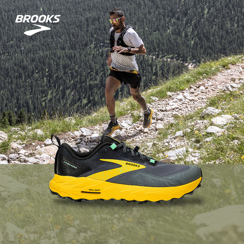 布鲁克斯（BROOKS）越野跑鞋男鞋缓震运动鞋女登山徒步防滑跑步鞋 Cascadia17 山岩 【男】柠檬黄/灰色 44