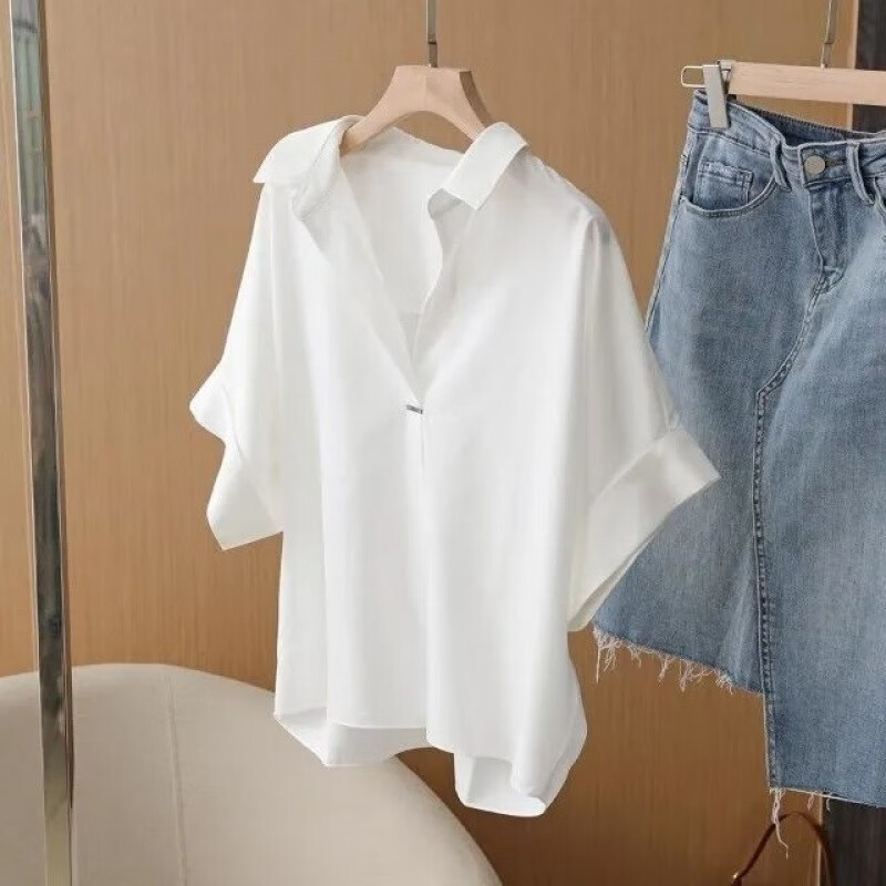 【优选好物】短袖衬衫女2025夏季新款宽松蝙蝠袖领宽松百搭衬衣显 白色【优质版】 XXS