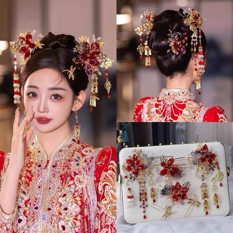 DL 1998秀禾服头饰新中式秀禾2025新款结婚龙凤褂大 且工白头【头饰套装+耳夹】