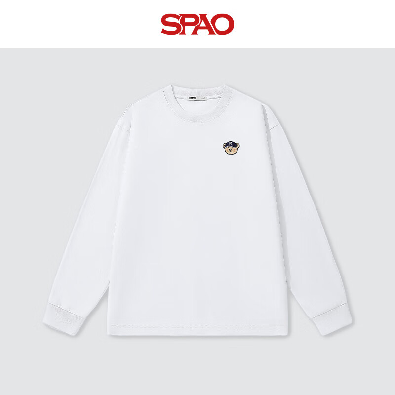 SPAO收袖圆领长袖T恤男女2025春秋新款居家简约风上衣SPCX25ST02XY 白/蓝帽子熊-贴布绣 L