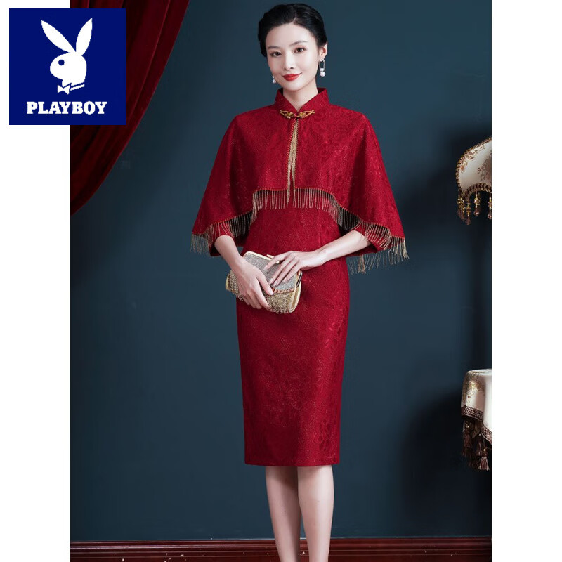 花花公子（PLAYBOY）高端旗袍妈妈装婚宴春秋新款喜婆婆婚礼服洋气披肩两件套连衣裙女 酒红色 L 5X(145斤-165斤)