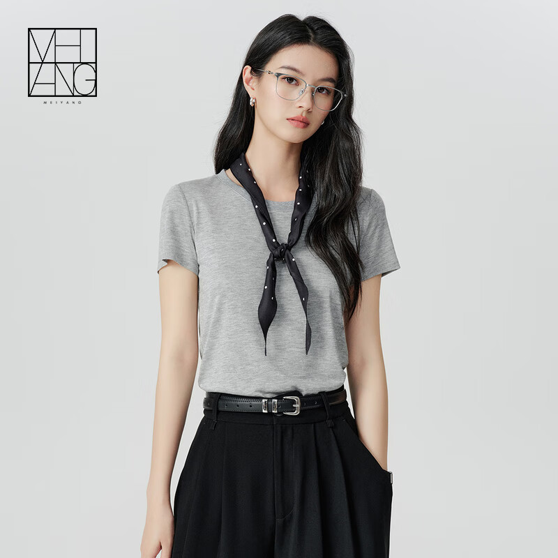 美洋（MEIYANG）抽条T恤 自然纤维素弹力百搭圆领正肩短袖上衣 浅灰色 L