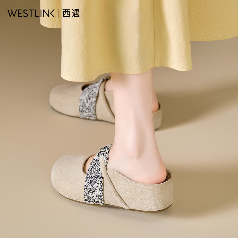 西遇厚底勃肯鞋女秋季2025新款法式仙女风外穿拖鞋内增高包头半拖 米色 预售20天 39