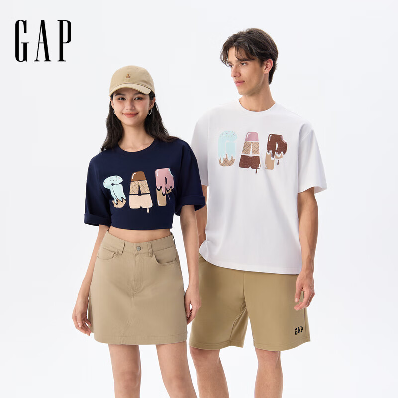 GAP男女装夏季款纯棉冰淇淋印花logo短袖T恤宽松上衣729193 白色 L (175/96A) 亚洲尺码 【偏大，建议拍小一码】