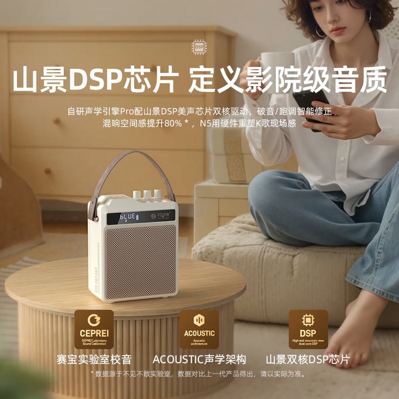 不见不散N5家用专业K歌音响【帮下歌】手提户外便携式大音量手持麦克风卡拉OK广场舞无线蓝牙小音箱 深灰色【双麦版】+32G卡