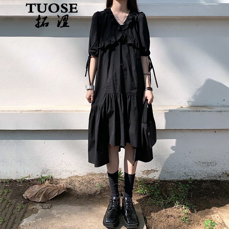 拓涩（TUOSE）山本风长款连衣裙女夏2025年新款法式复古赫本小黑裙不规则设计感 黑色连衣裙 S