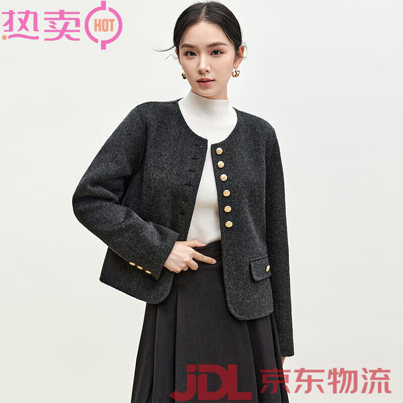 尚都比拉（Sentubila）綿羊毛短款毛呢外套女季新款小香風(fēng)感呢子大衣 碳灰色 S