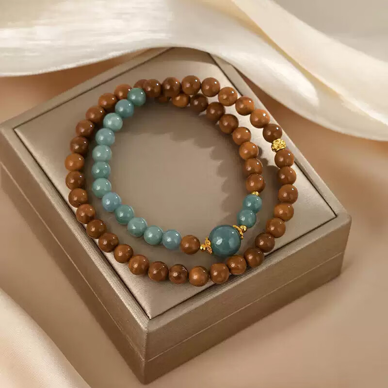 曉色五行補(bǔ)木水藍(lán)玉髓檀木手串多圈女款缺水招財(cái)小眾發(fā)晶手鏈生日禮物 S1853水木藍(lán)手串