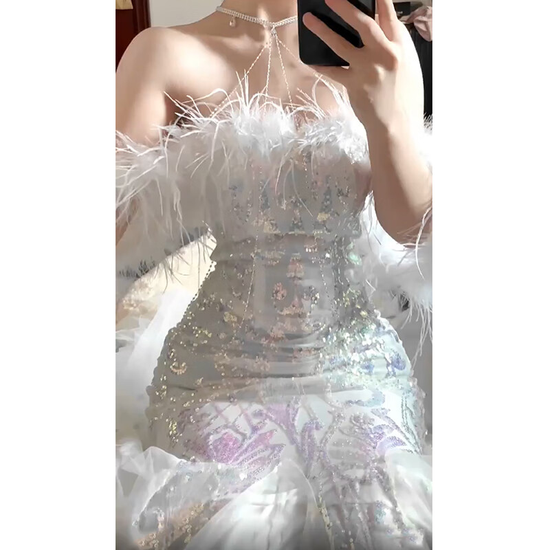波恩薩（BOENSA）禮服晚宴服成人禮晚禮服輕奢小眾高端2025新款主持藝考年會宴會黑 白色一字肩 2XL