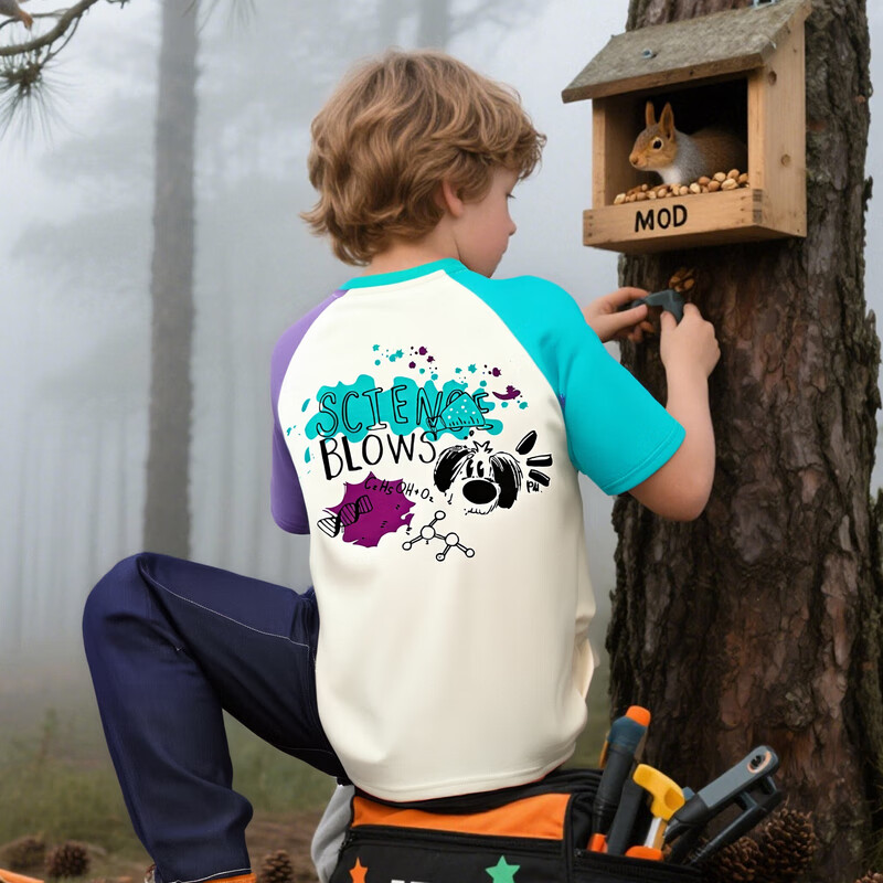 MQD 男大童撞色插肩袖卡通短袖 紫色/草绿