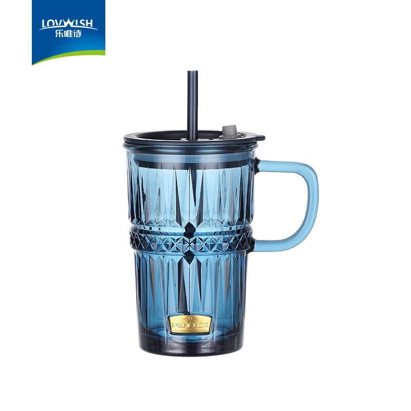 乐唯诗水杯女生夏季高颜值玻璃杯办公新款2025牛奶泡果茶带吸管咖啡杯子 悦饮吸管杯【墨蓝】 420ml 1只