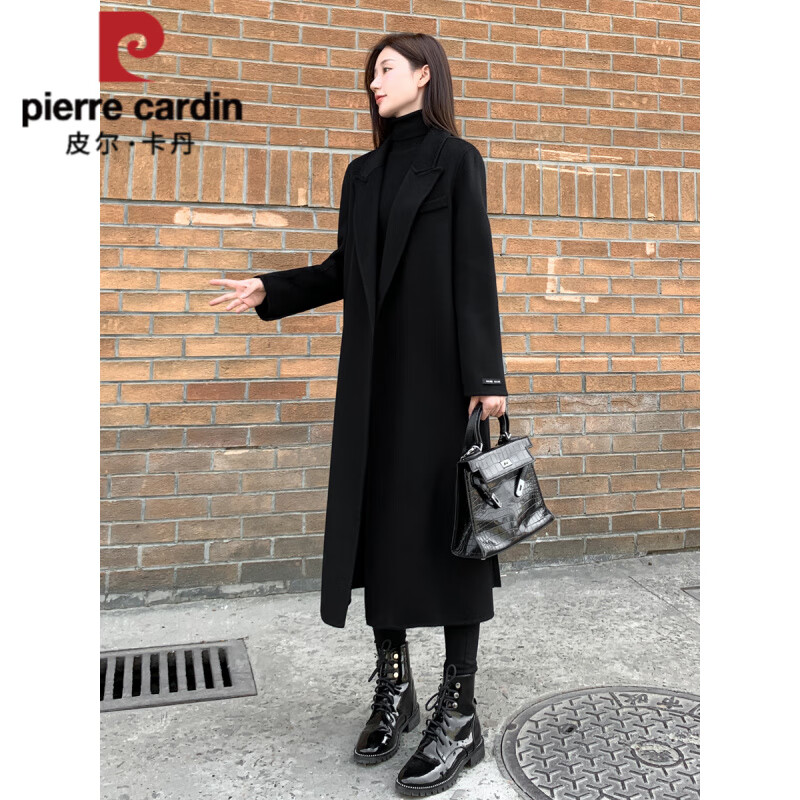 皮尔卡丹(pierre cardin)黑色双面羊毛绒呢子大衣女士秋冬季感正肩赫本风毛呢外套中长款 黑色 S 建议108斤以内