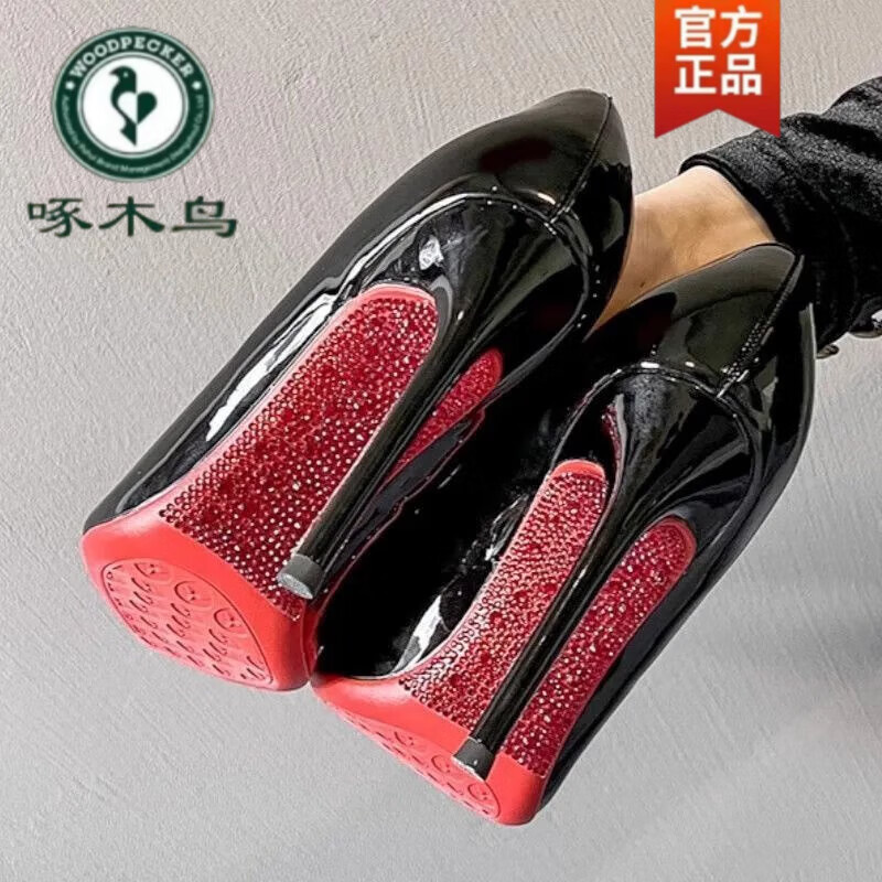 啄木鸟水钻红底高跟鞋女细跟2026新款绝美性感气质黑色漆皮尖头法式单鞋 黑色单鞋红底水钻 7cm 37 脚宽脚胖拍大一码