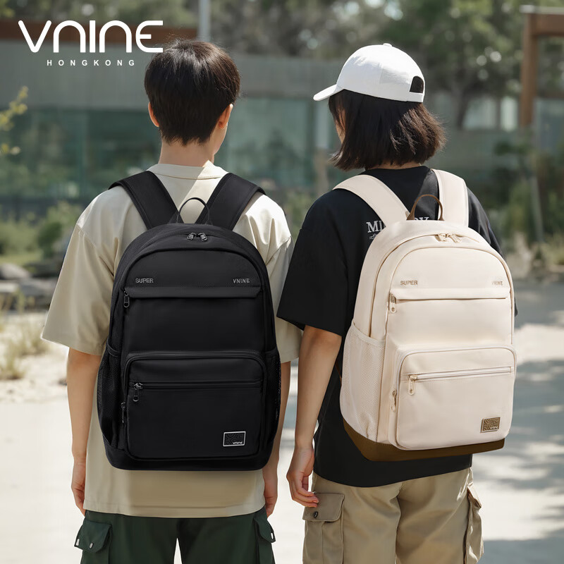 第九城(V.NINE)双肩包男生大容量背包女士简约百搭笔记本电脑包大学生书包 曜石黑