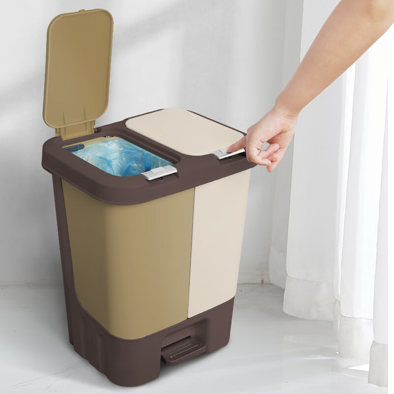 百家好世家用帶蓋腳踩垃圾分類垃圾桶大號客廳廚房衛(wèi)生間干濕分離 腳踩+按壓咖色20L