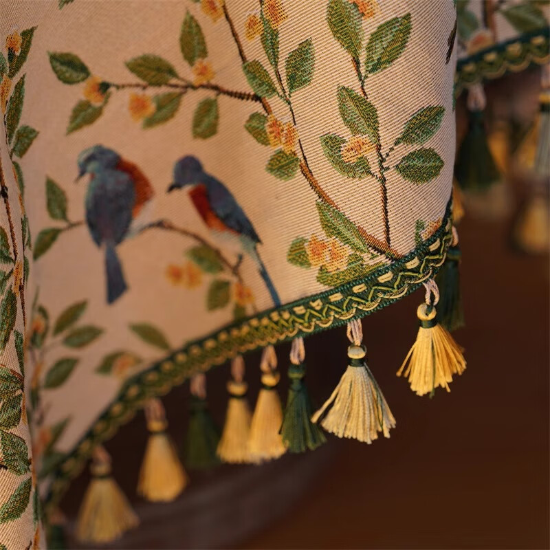 鹿婕法式复古风枝头鹦鹉桌布棉麻高级拍照氛围感床头柜保护垫防尘垫 枝头鹦鹉 四周绿色坠子【请勿机洗】 120*120cm