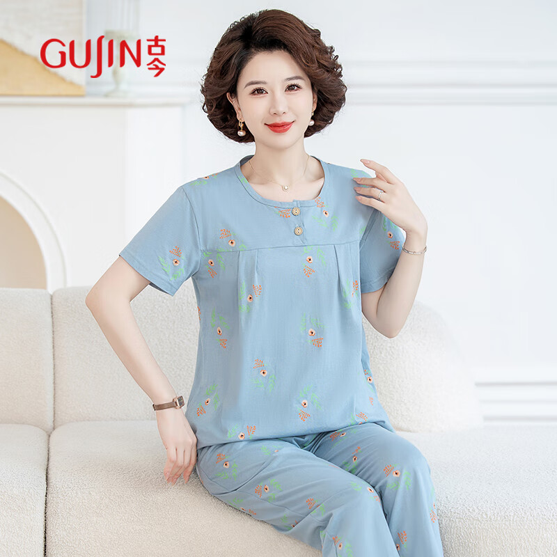 古今（GUJIN）100%棉中老年睡衣女送媽媽夏季新品短袖長褲大碼老人買菜家居服