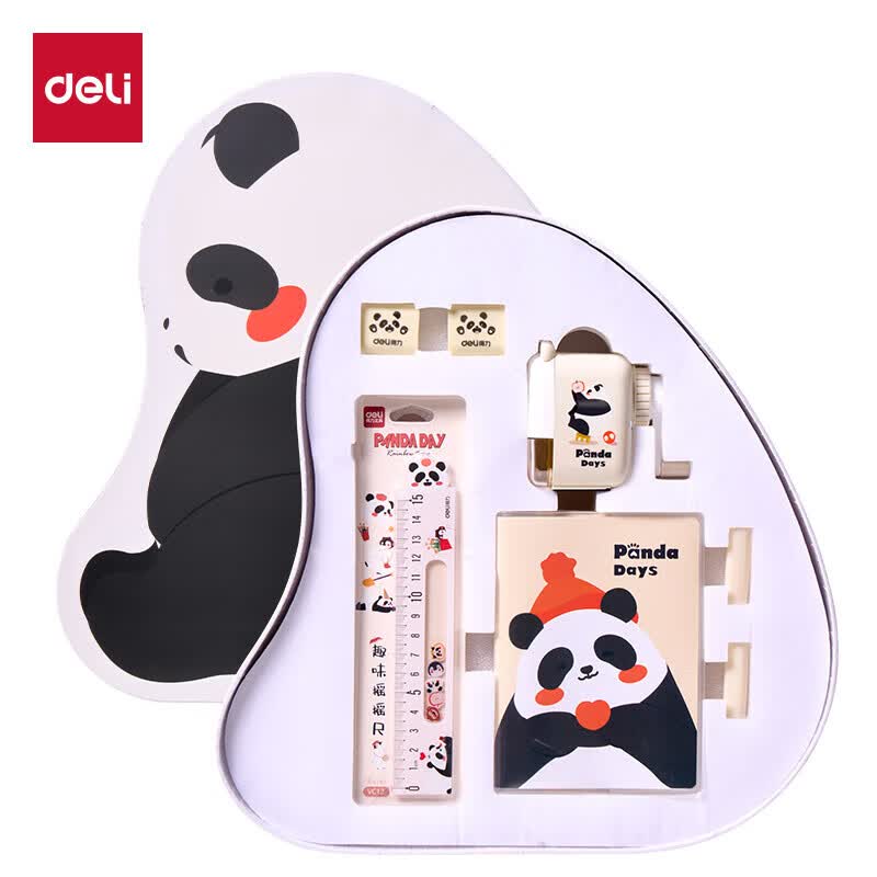 得力（deli）学生文具礼盒套装1-3年级削笔器铅笔套尺笔袋铅笔荧光笔伴手礼生日毕业礼物女孩 【熊猫趣味套装】10件套