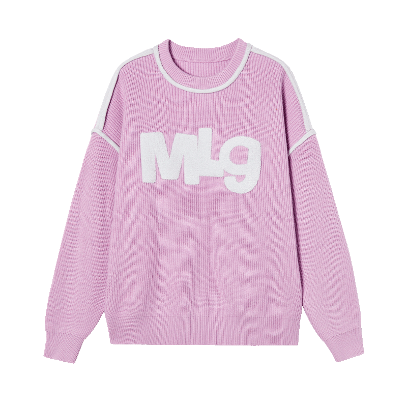 Mmlg圆领撞色套头毛衣女男2025年冬柔软舒适字母毛巾绣情侣同款针织衫 胭脂紫 S