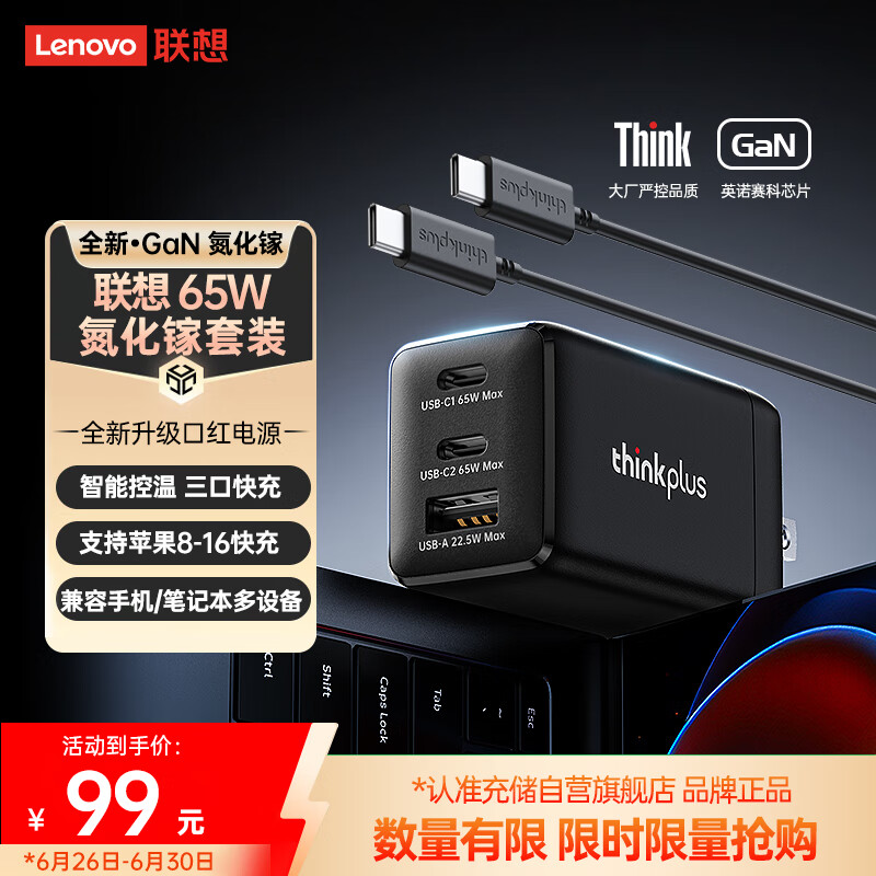 ThinkPlus联想65W氮化镓充电器套装 ThinkPad充电器口红电源多口Type-C适用苹果16/15华为小米联想笔记本