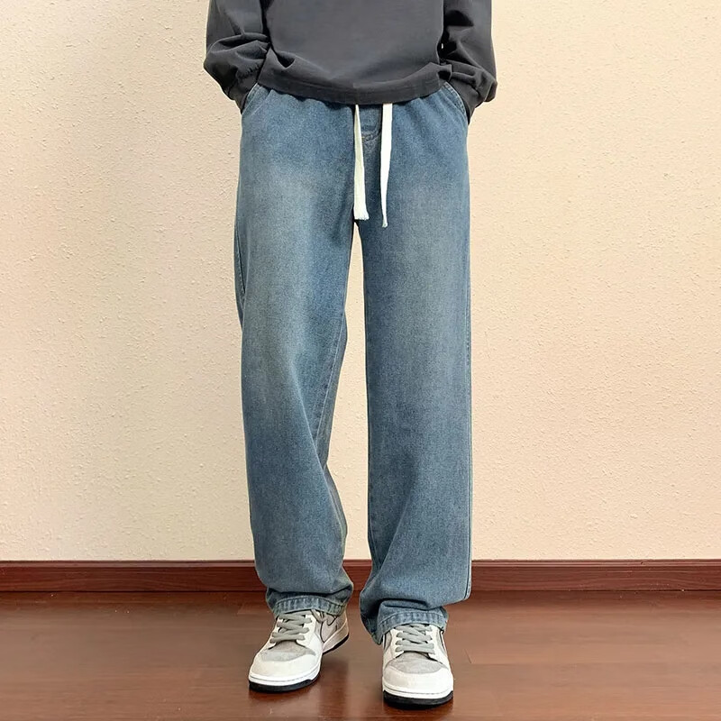 2025夏秋季宽松男士直筒牛仔裤系带简约休闲纯色男子青年耐磨日常 复古蓝+黑色 4XL 建议175-200斤