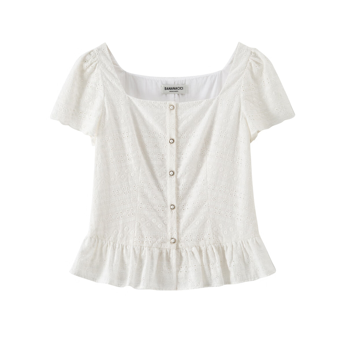banana cici2025年秋季新款复古南法精致荷叶边绣花方领短袖衬衫C2F3CS017 白色 M