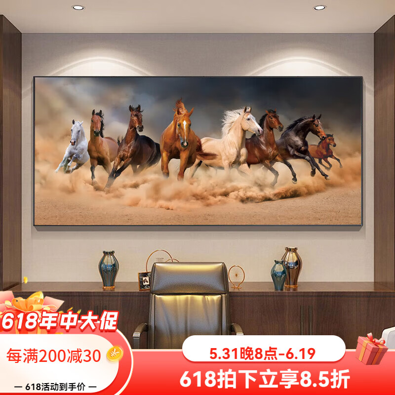 八骏图客厅挂画画办公室沙发背景墙万马奔腾装饰画骏马图壁画 01款 八骏图 230*100-cm 铝合金画框+油画布