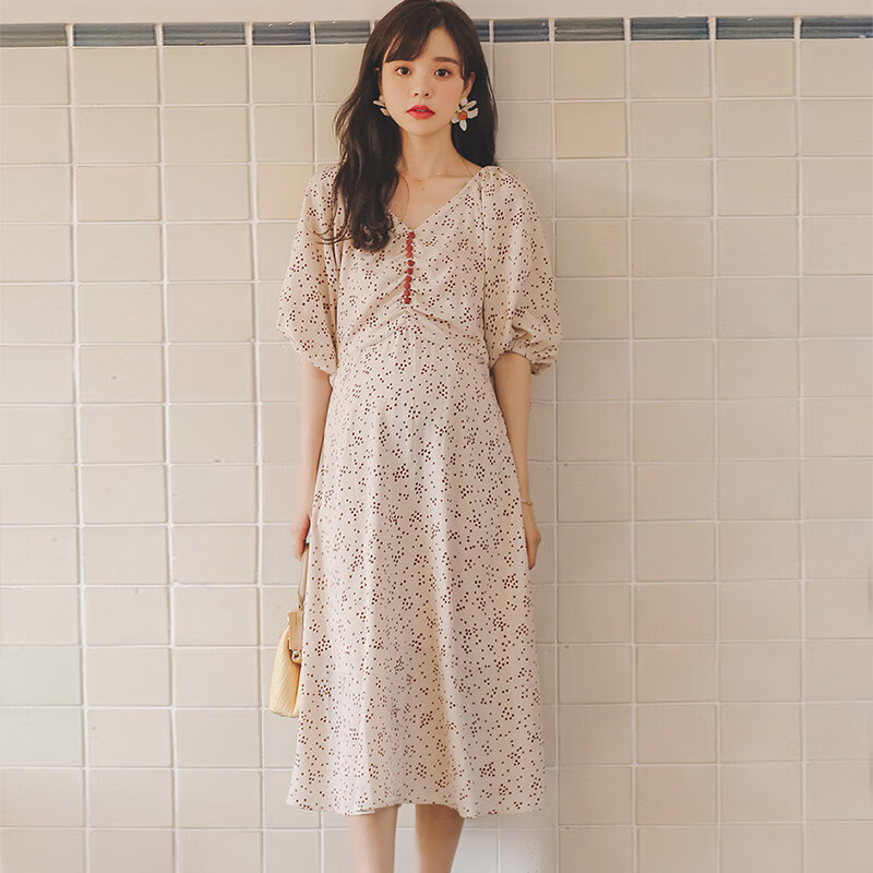 米度麗孕婦裝夏裝連衣裙夏季時(shí)尚碎花裙泡泡袖娃娃裙仙女長裙春裝 杏色 M