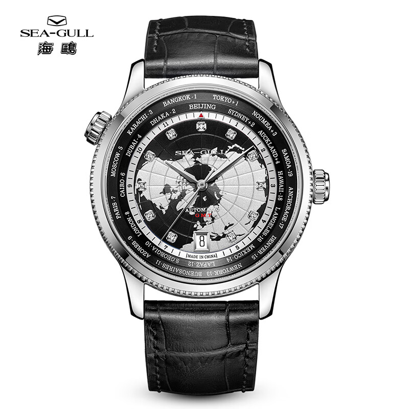 海鸥表手表世界时系列男士商务休闲多功能自动机械手表7079V 黑色宇宙
